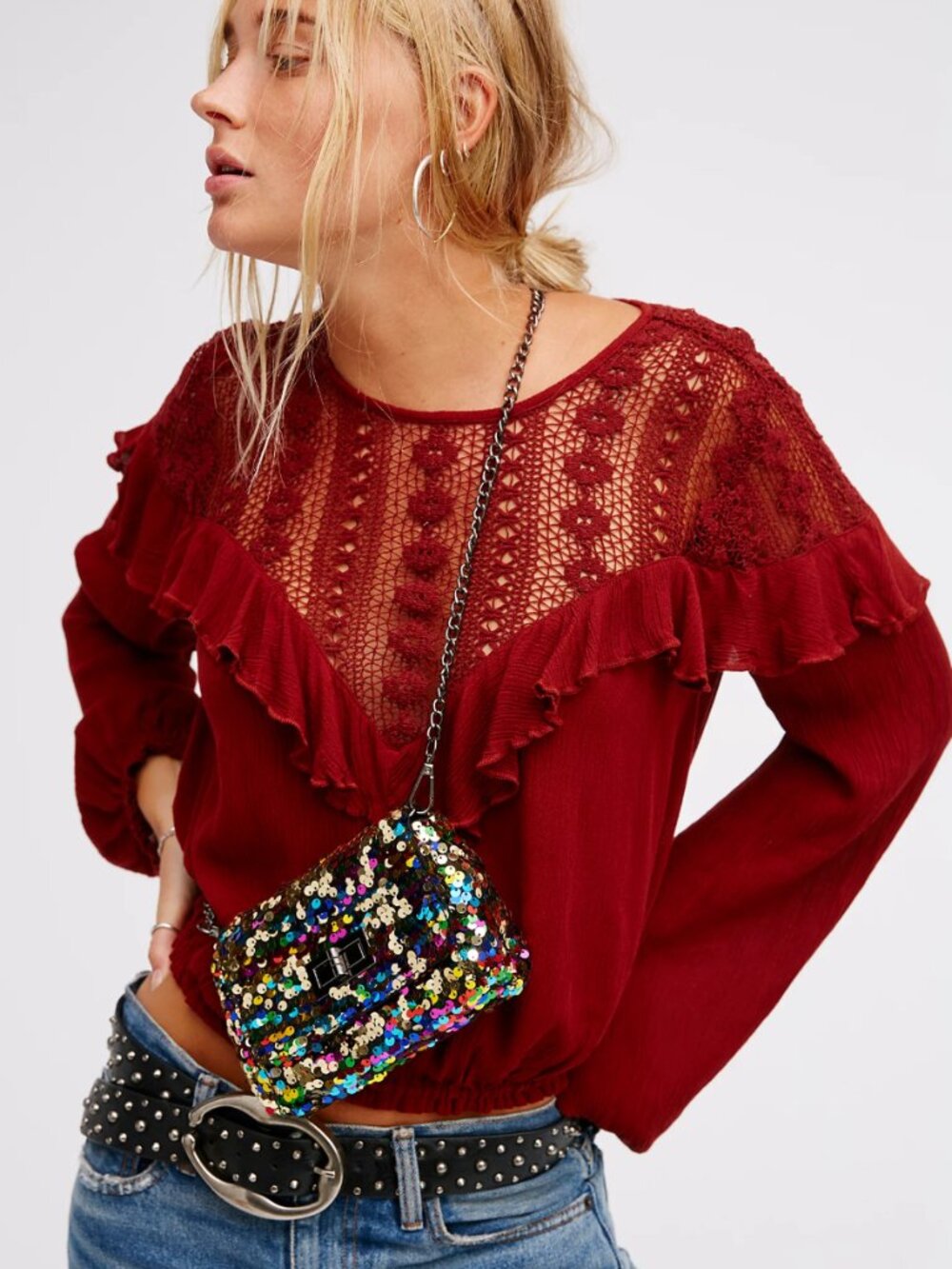 Free People Burgundy Lace Open Back Tie Top XS Boho Romantic Flawed